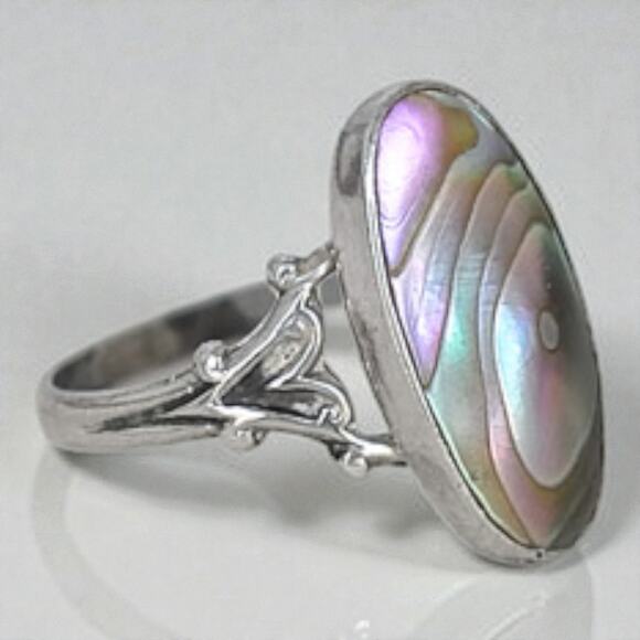 Vintage Sterling Silver Abalone Mother Of Pearl Oval Ring Boho Size 7.75 - Picture 2 of 8